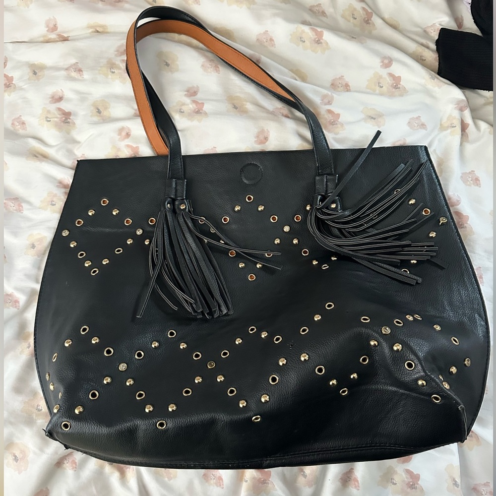 Studded Fringe Black Tote Bag